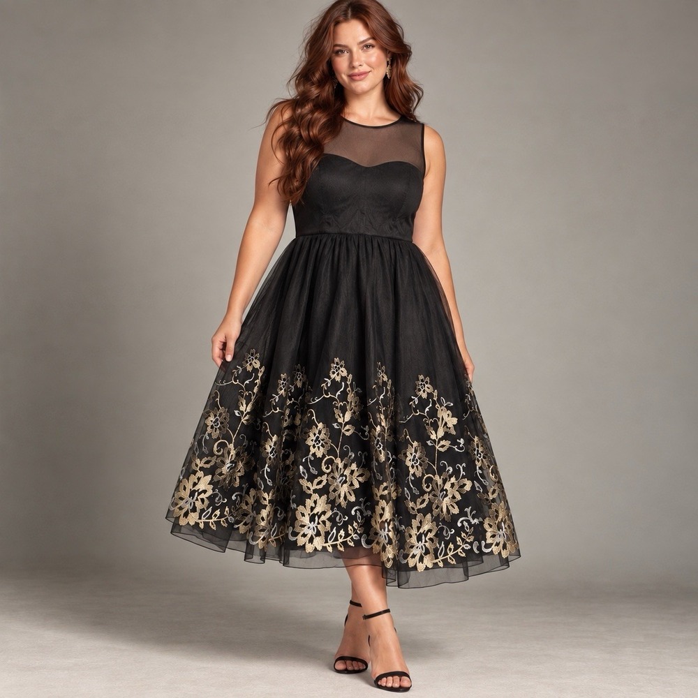 Gerde XL Black Gold Silver Embroidered Mesh Midi Dress Whimsigoth Gothic Formal